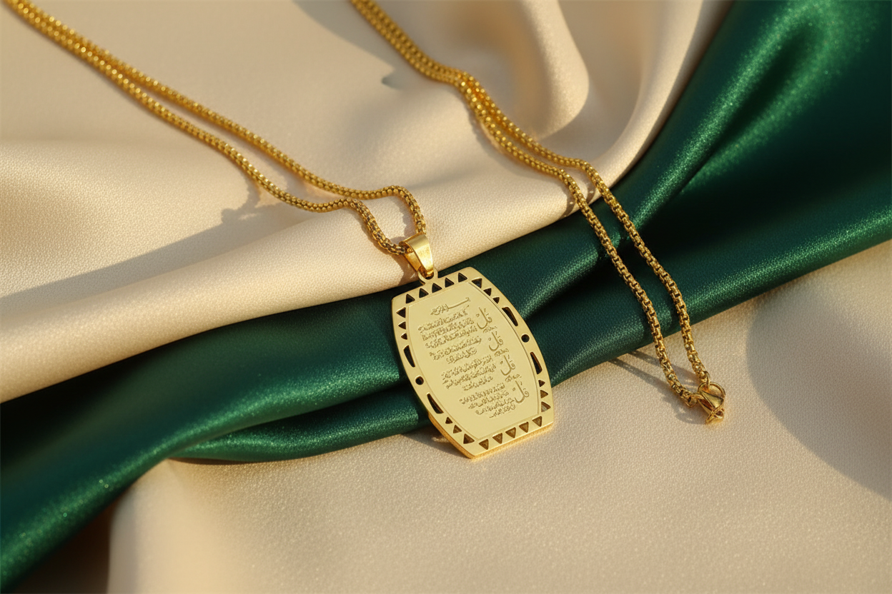 Gold necklace on cream fabric